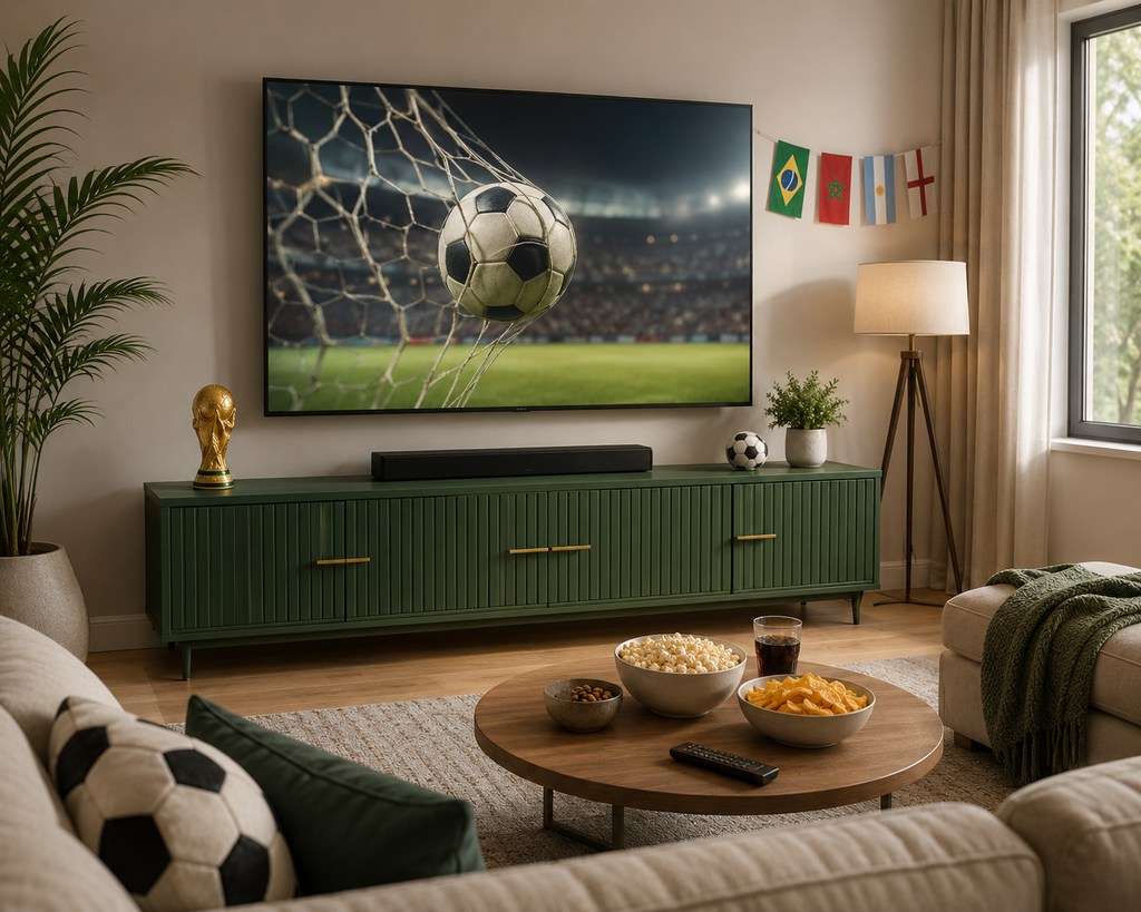 Green TV stand in a cozy World Cup watch-party living room with soccer on TV, subtle flag decor, snack bowls, plants, and neutral seating.