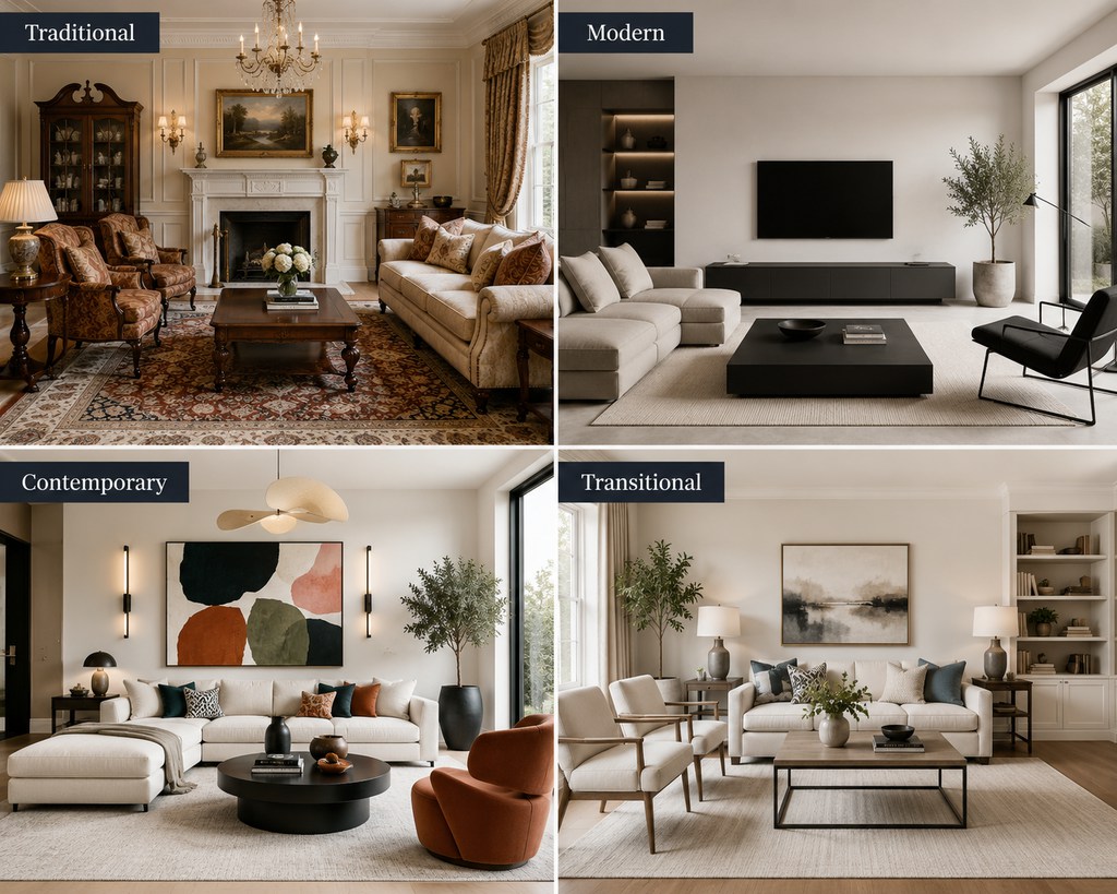 decoration style comparison: traditional, modern, contemporary and transitional