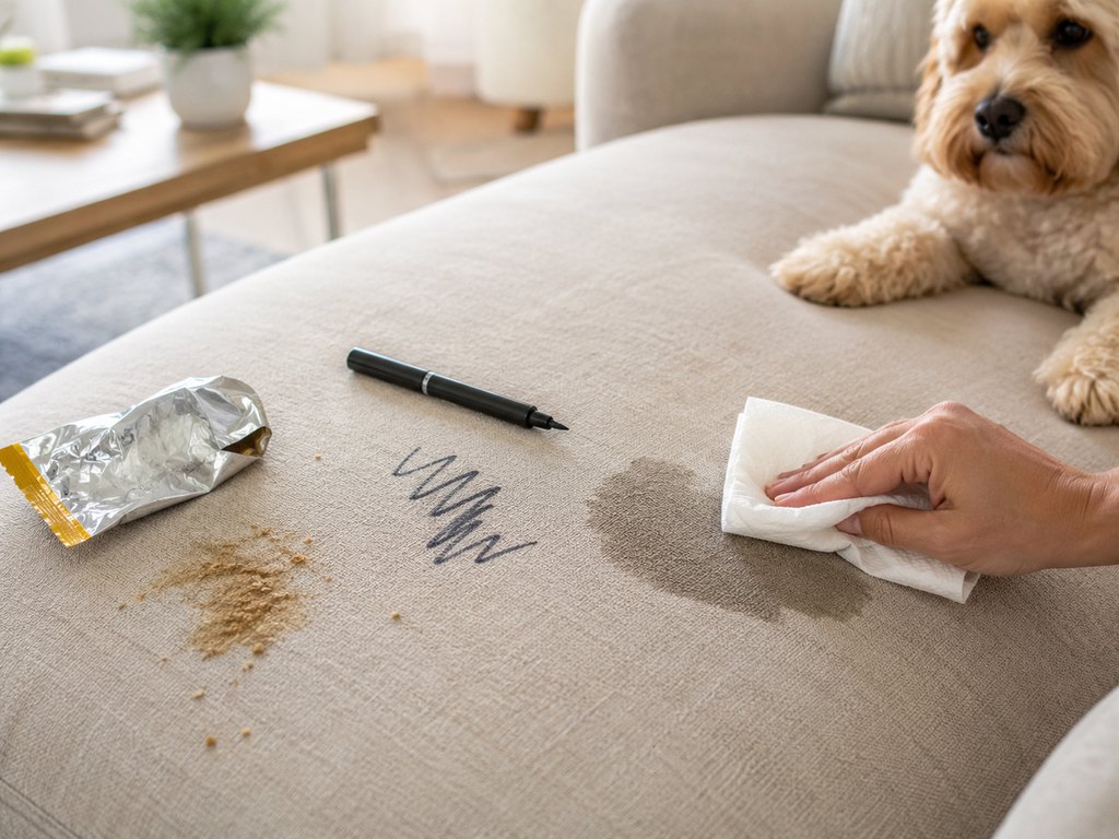 Grease crumbs, black ink marks, and a damp stain on a beige fabric sofa as a hand wipes the cushion beside a small dog.