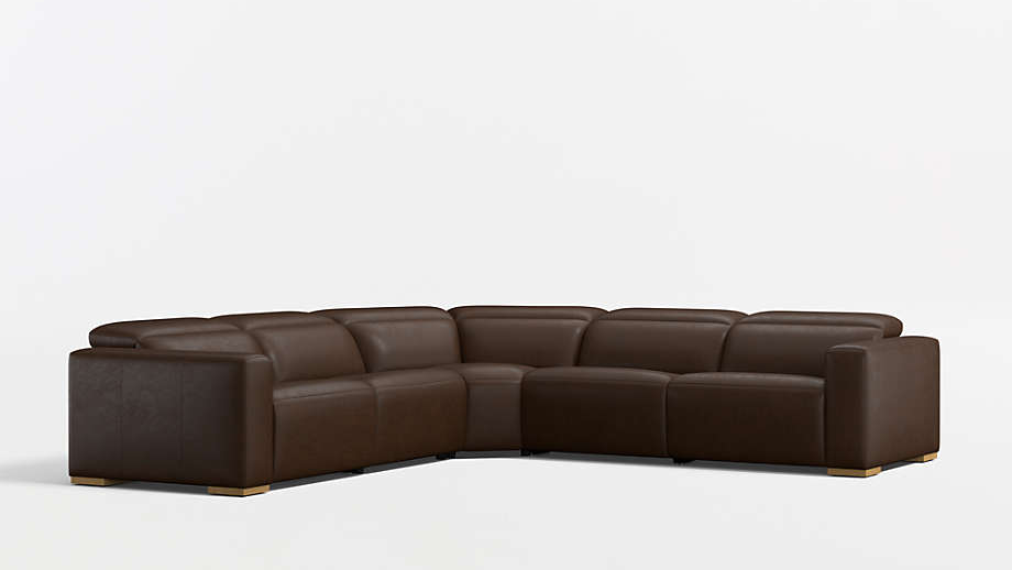 Dark brown leather L-shaped sectional sofa with padded back cushions, wide arms, and low gold-tone feet, shown against a white background.