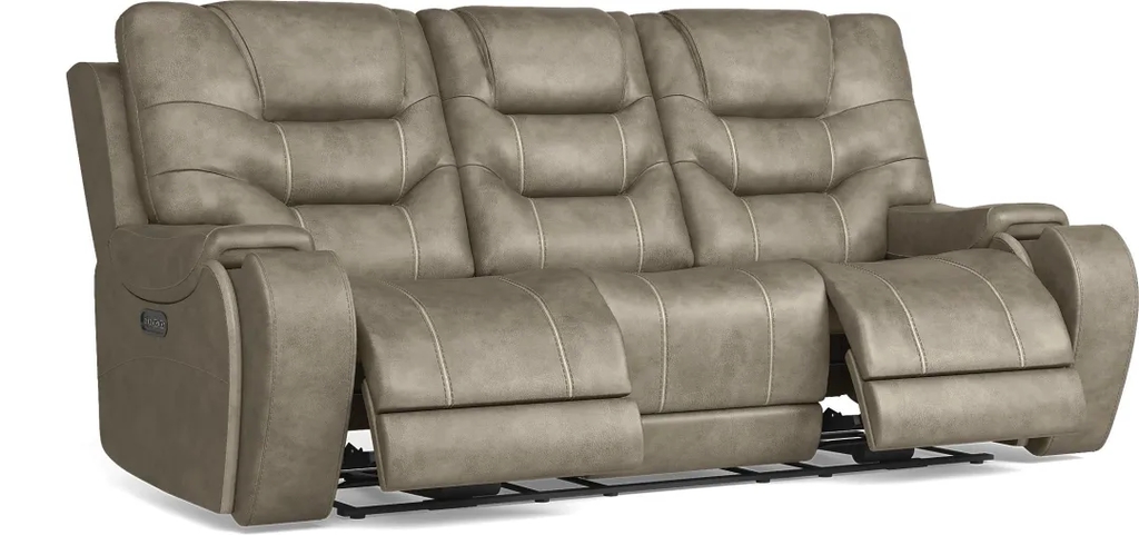 Taupe gray three-seat power reclining sofa with padded pillow backs, stitched upholstery, built-in arm controls, and both outer chaise footrests extended on a white background.