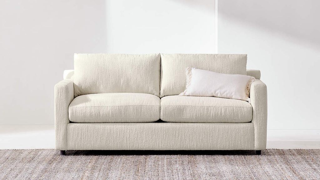 Light beige two-seat sleeper sofa with a lumbar pillow in a bright minimalist room.
