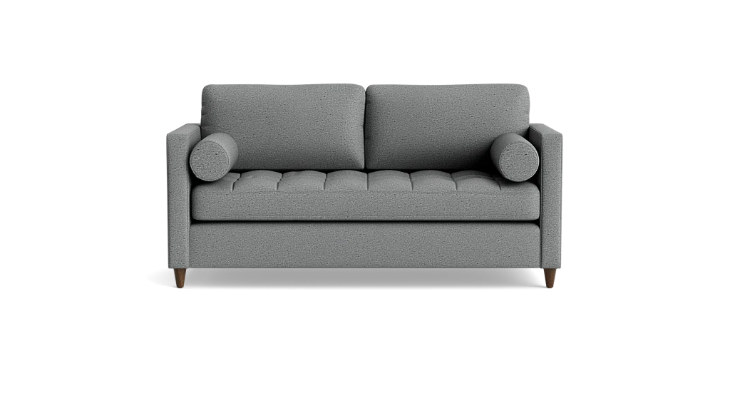 Gray two-seat sleeper sofa with bolster pillows isolated on a black background.
