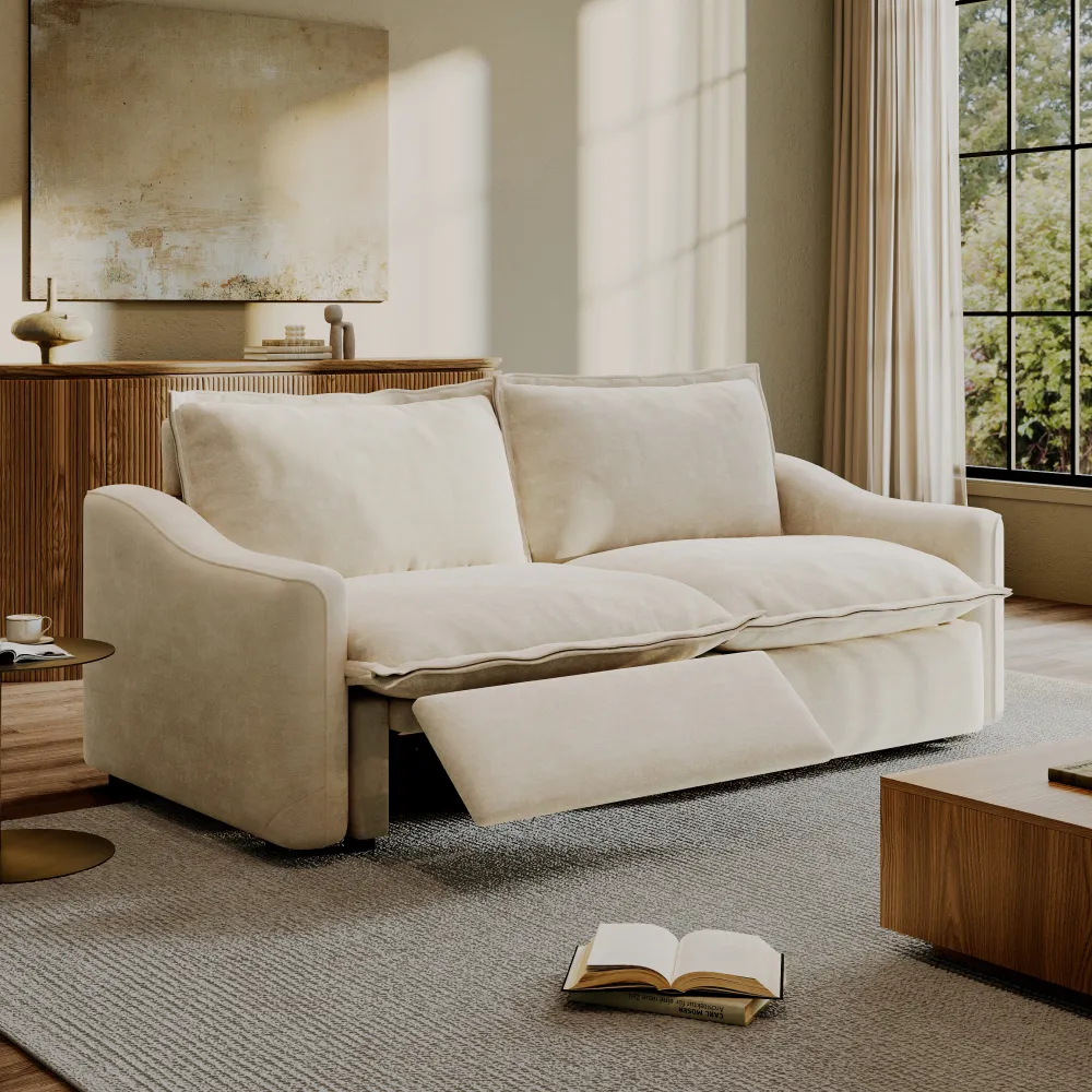 Ergopals Power Reclining Loveseat with one footrest extended and tall padded back cushions.