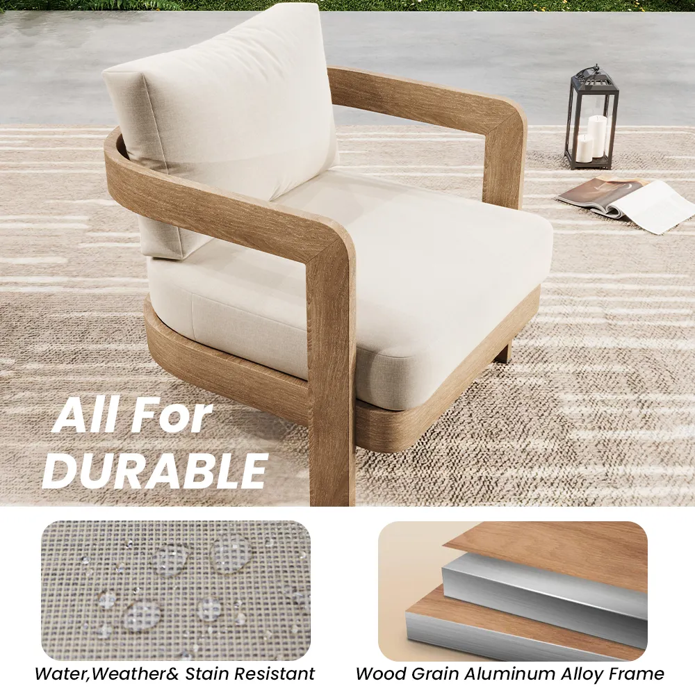 Outdoor lounge chair with water-resistant fabric details and aluminum frame close-ups, illustrating material condition checks before washing outdoor furniture covers.