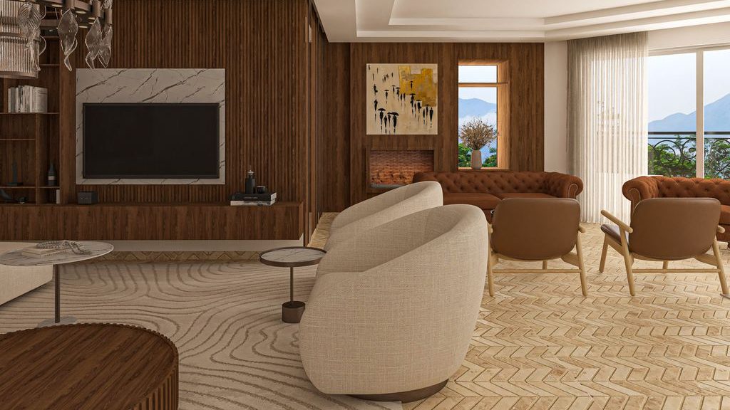 Warm modern living room with a wood-paneled TV wall, vertical slatted accents, brown leather seating, cream swivel chairs, and large windows.