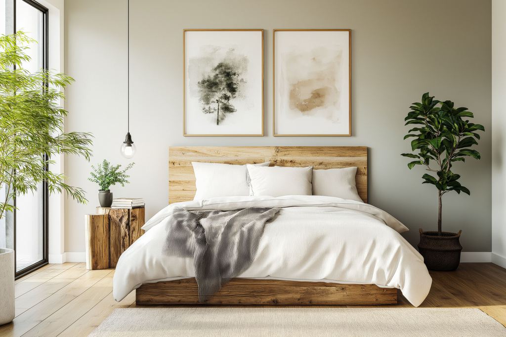 Minimalist bedroom with a wooden platform bed, white bedding, framed wall art, indoor plants, and soft neutral green walls.
