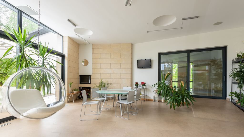 Spacious modern dining room with indoor plants, large windows, a hanging bubble chair, and greenery placed around the dining area.