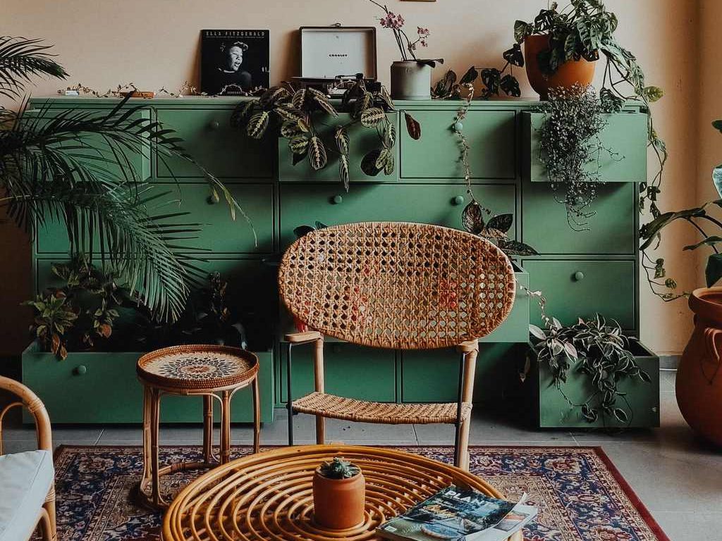 Boho living room with green storage cabinet, rattan chair, round woven coffee table, patterned rug, leafy plants, and warm earthy wall decor.