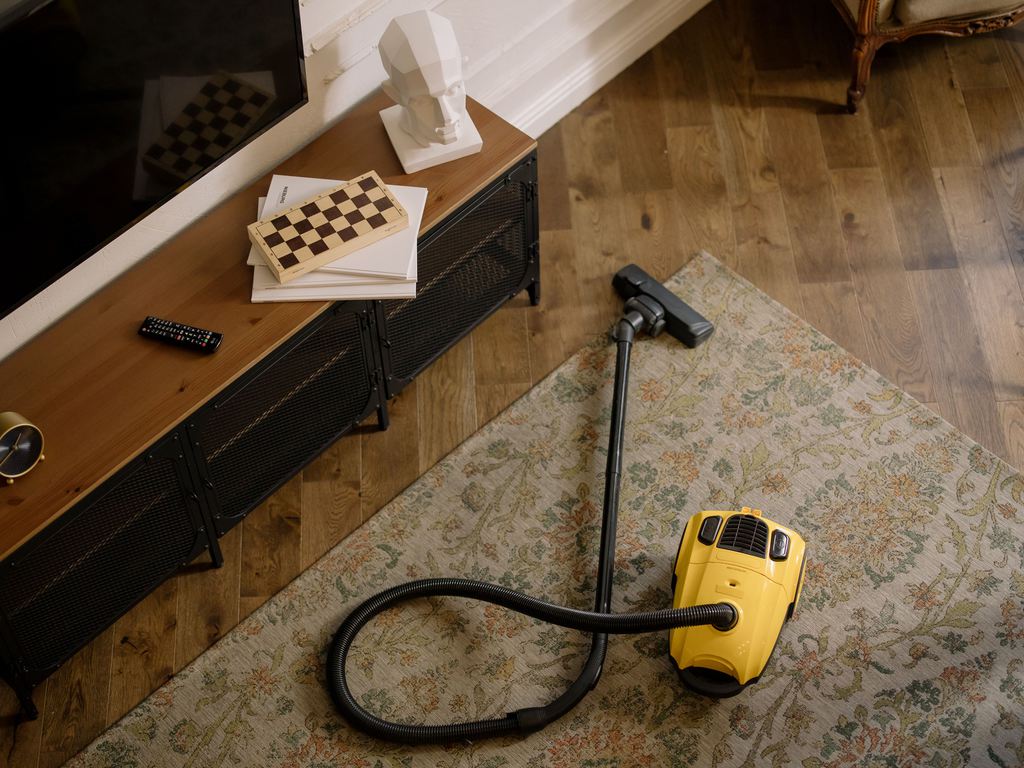 Vacuum cleaner on a patterned area rug beside a wood media console in a living room.