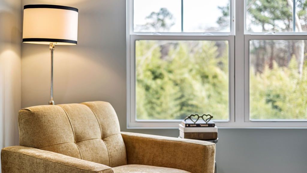 Tan upholstered accent chair with a matching ottoman beside a floor lamp and large living room windows.