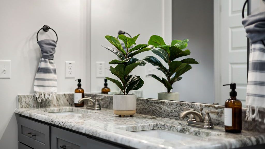Bathroom vanity with a potted green indoor plant, marble countertop, large mirror, gray cabinets, and simple modern decor.
