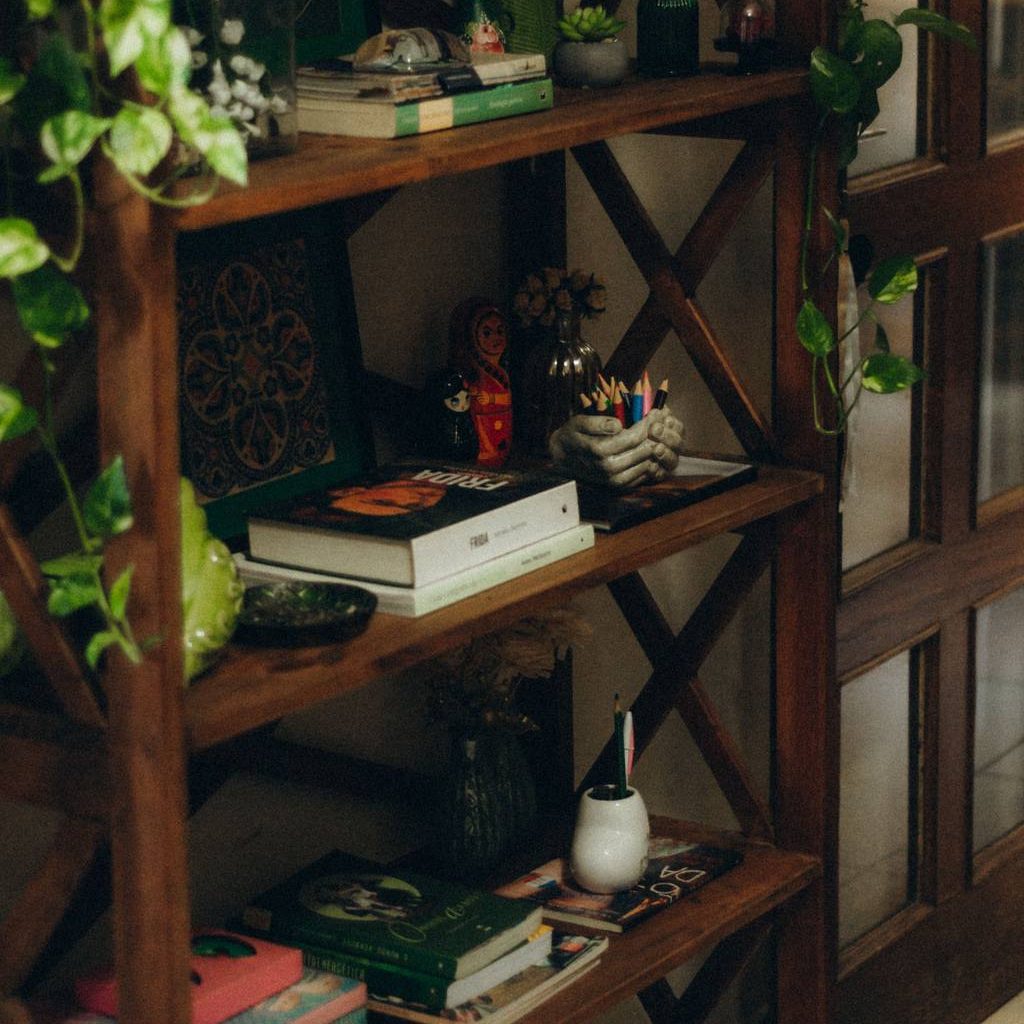 Wooden open bookshelf with stacked books, small decor pieces, trailing plants, and cozy natural styling beside a glass-paneled door.