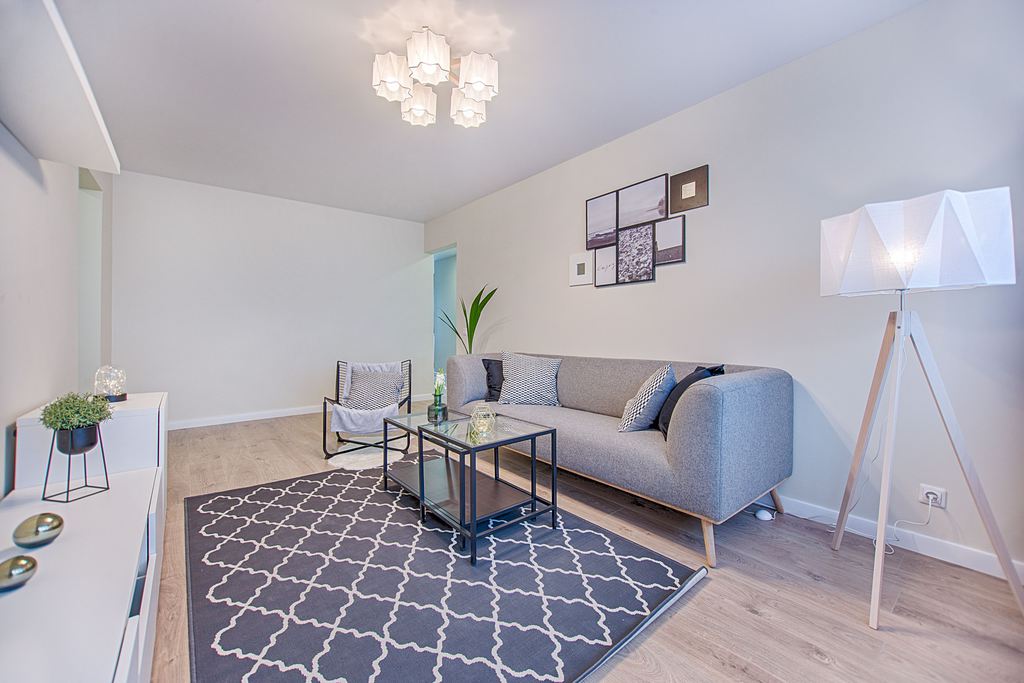 Modern rental living room with gray sofa, patterned rug, glass coffee table, floor lamp, wall art, and no-drill decor accents.