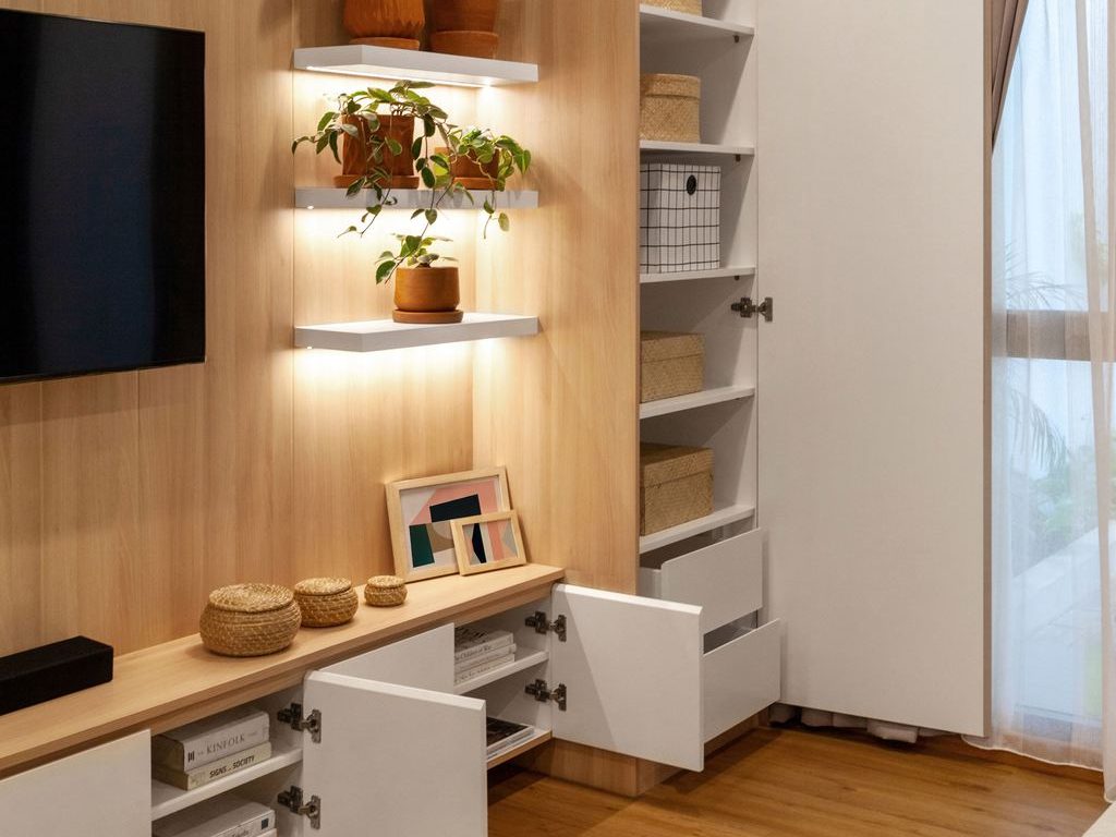 Built-in bedroom storage wall with white cabinets, open drawers, woven baskets, floating plant shelves, and a TV panel.