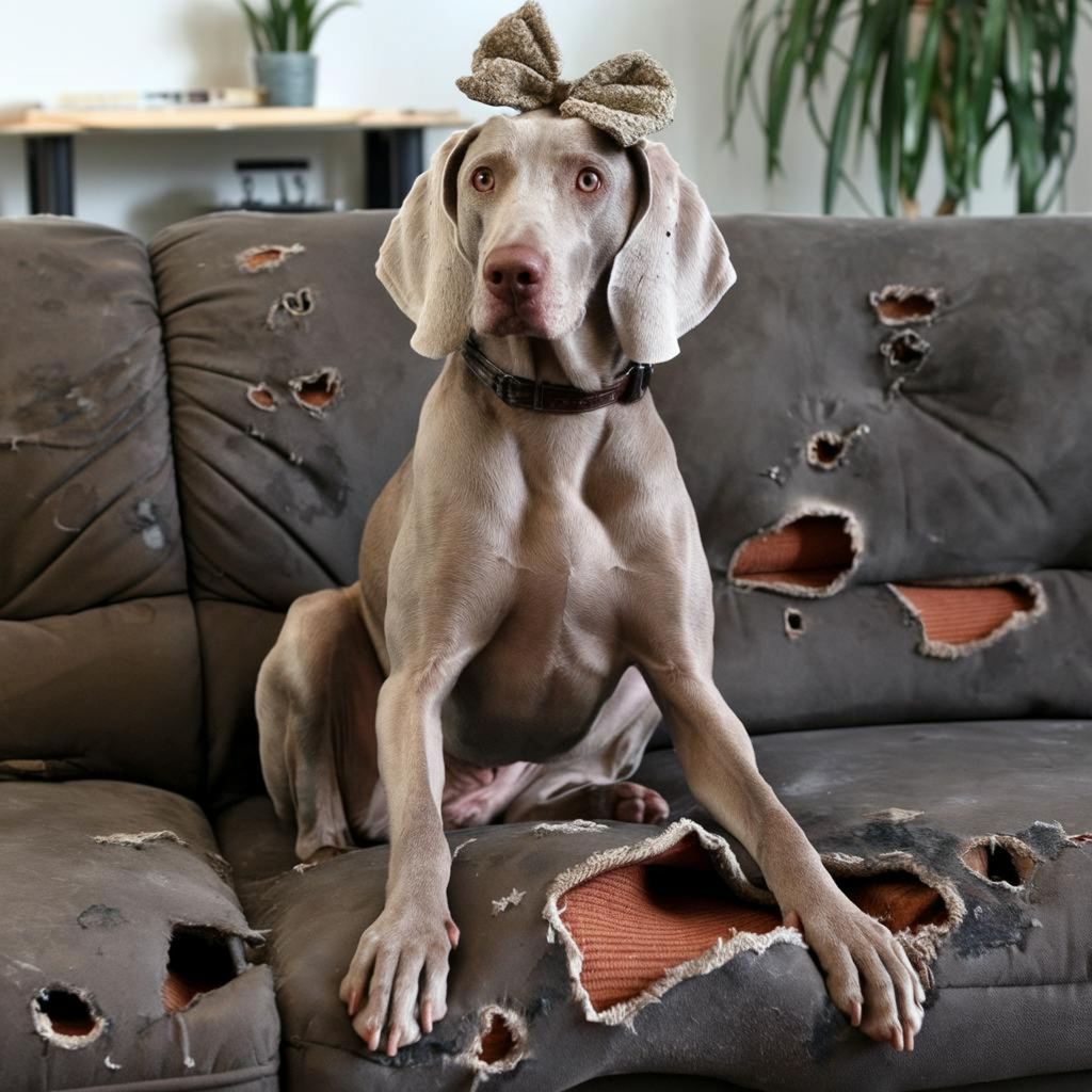 Large dog sitting on a badly torn gray sofa, showing severe pet damage from chewing, scratching, and daily dog use.