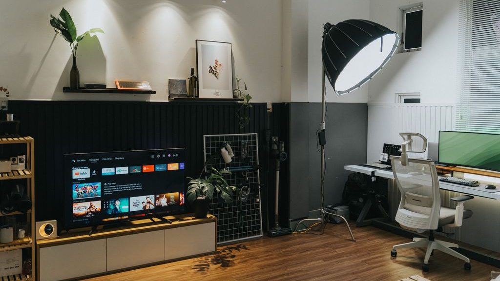 Multipurpose living room and home office with a TV console, large monitor, ergonomic desk chair, studio light, plants, and warm wood flooring.