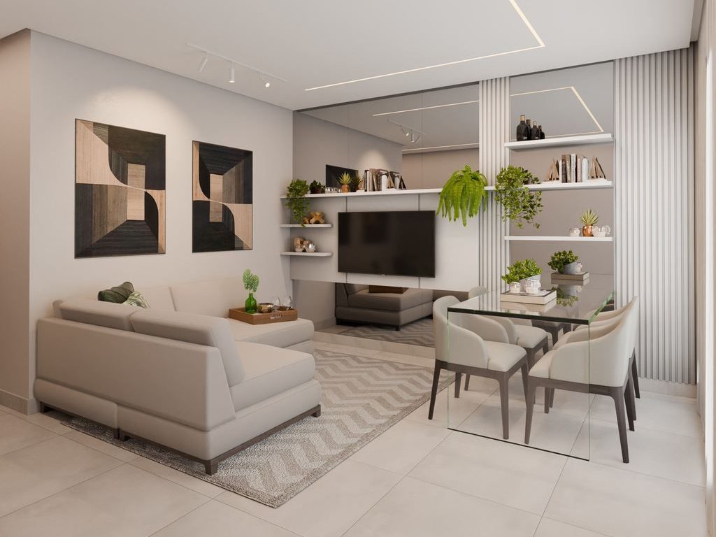 Modern open-plan living and dining room with a light sofa, wall-mounted TV, glass dining table, and built-in shelving that separates the two zones.