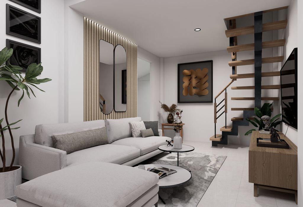 Modern living room with white sectional sofa, round nesting coffee tables, wood TV console, staircase, plants, and asymmetrical wall decor.