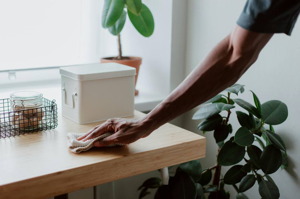 a man is using a rug to clean the wood furniture with a box and a basket in a bright living room with some plants