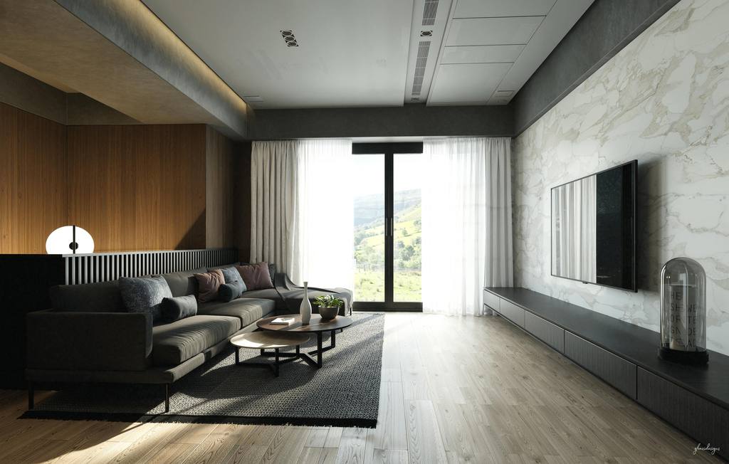 Modern living room with low-profile sofa, long TV console, marble accent wall, wood paneling, and large windows with sheer curtains.