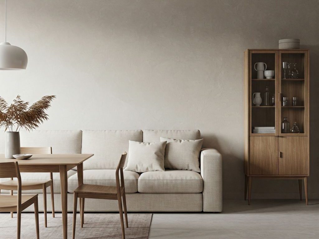 Modern Scandinavian living and dining room with a beige sofa, light wood furniture, neutral walls, soft rug, and simple wooden cabinet.