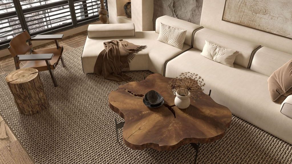 Warm minimalist living room with cream sectional sofa, woven rug, organic wood coffee table, leather accent chair, and natural textures.