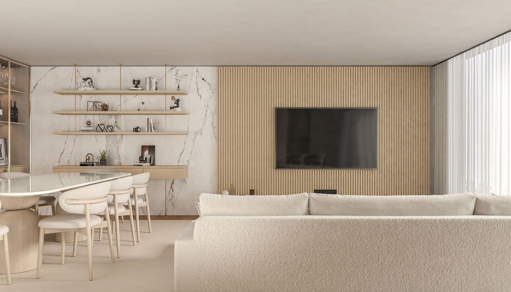 Modern white living room with boucle sofa, wall-mounted TV, wood slat media wall, marble shelving, and floor-to-ceiling sheer curtains.