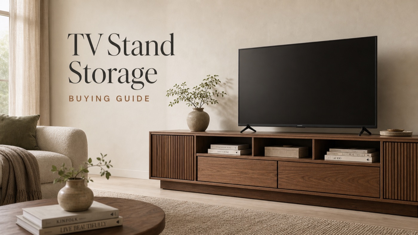 POVISON TV stand with storage drawers and media shelves