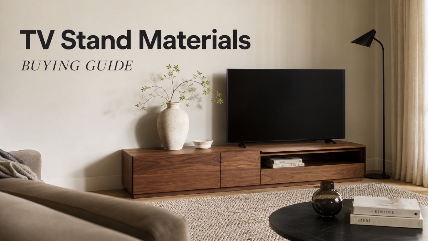 POVISON wood TV stand compared with metal and glass media console materials