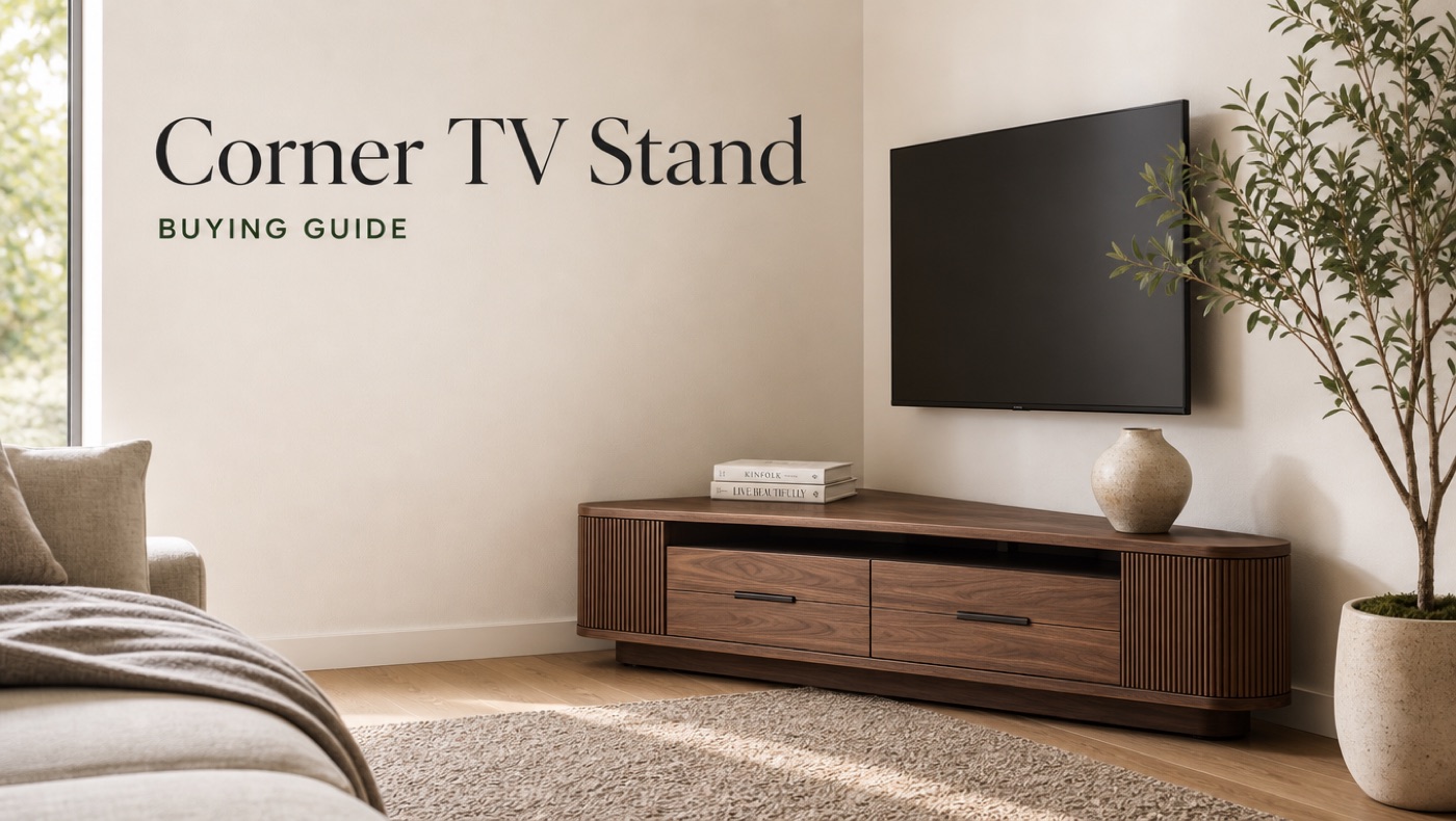 POVISON TV stand used for a corner living room placement