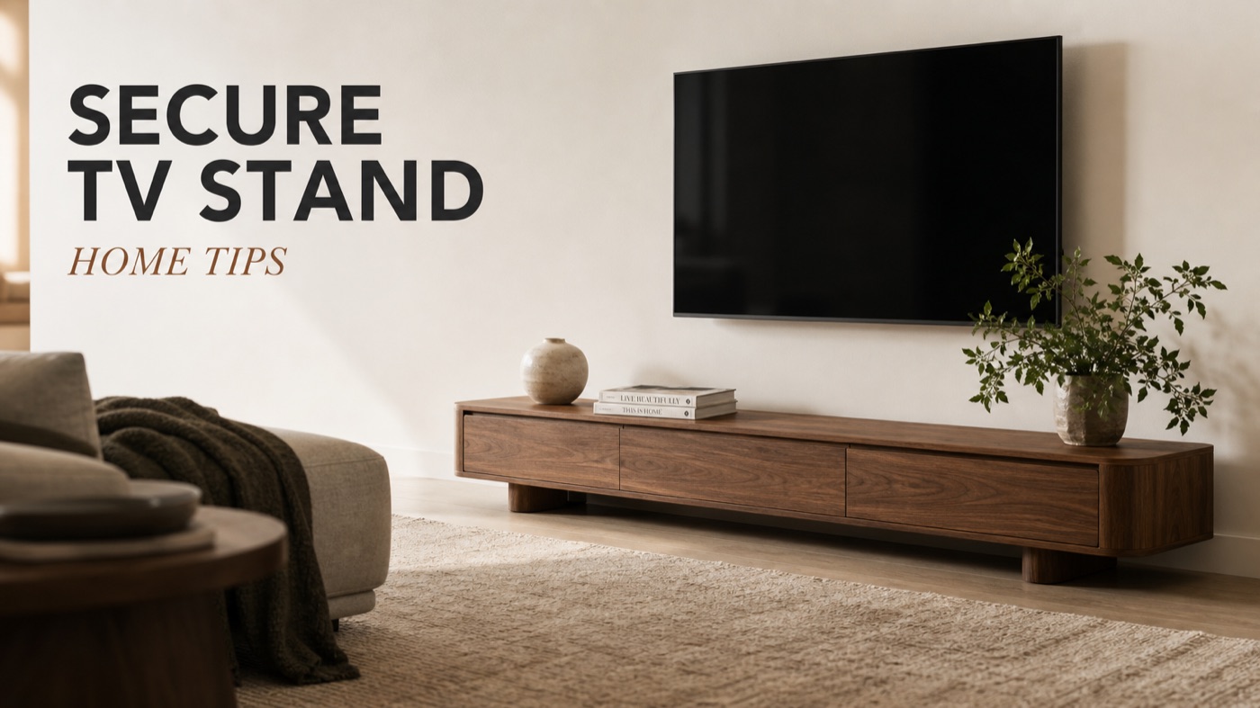 POVISON TV stand secured to prevent tipping