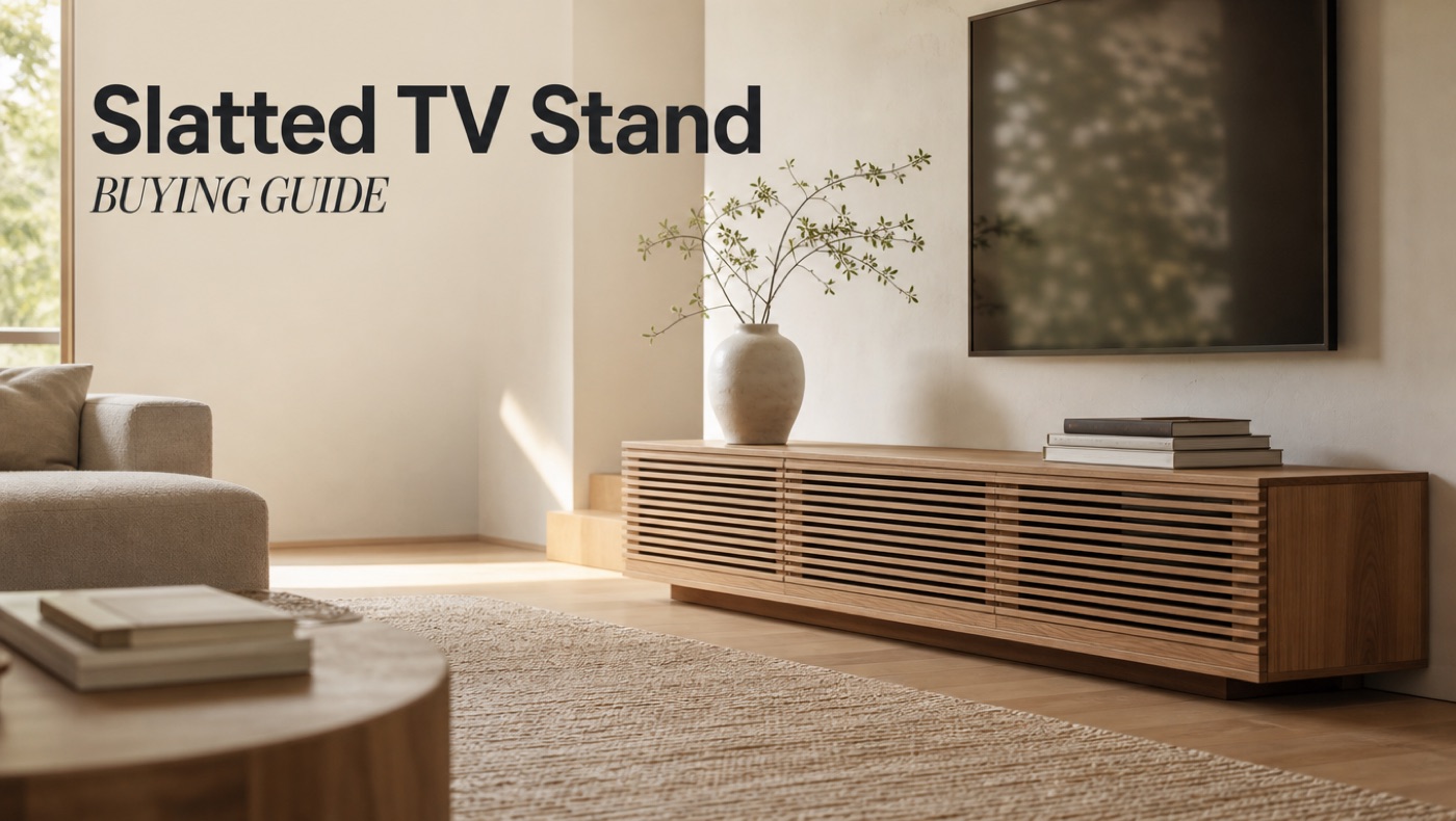 POVISON slatted TV stand with textured media storage doors