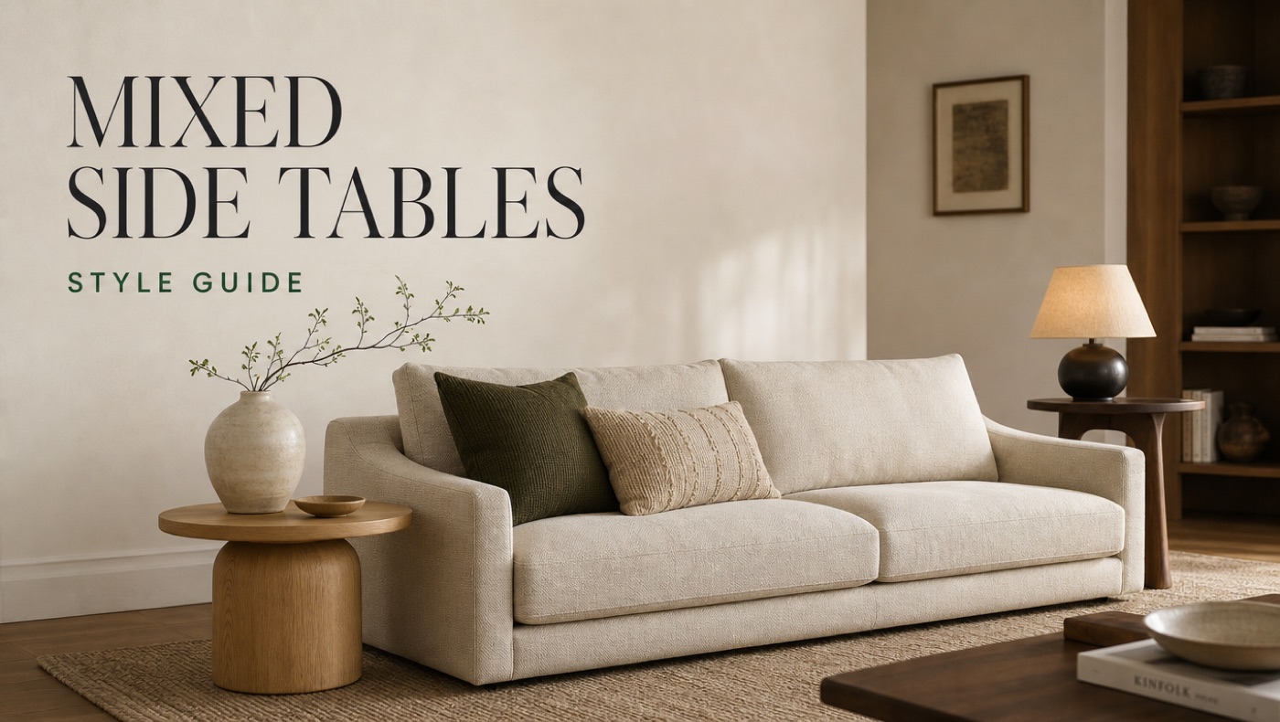 POVISON mixed side tables styled on both ends of a sofa