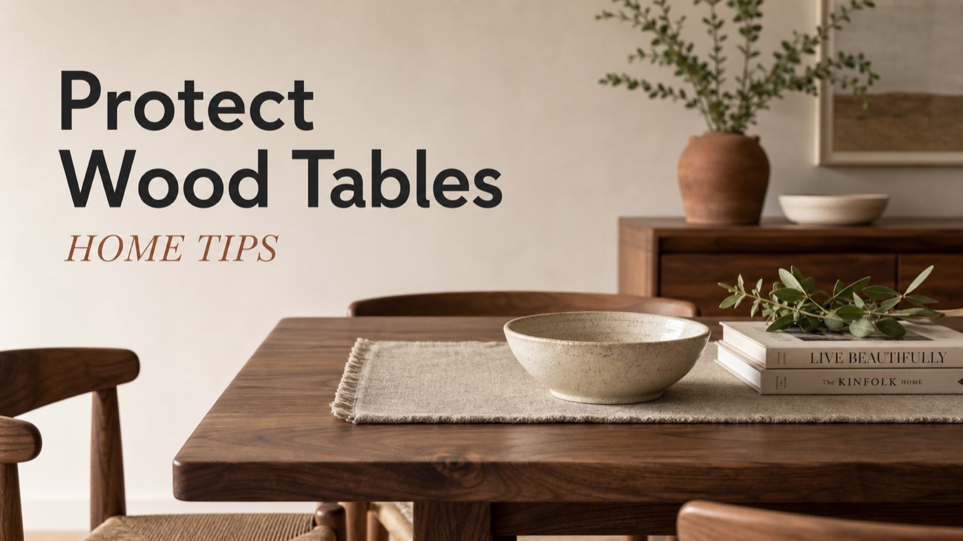 POVISON wooden dining table protected with placemats and coasters