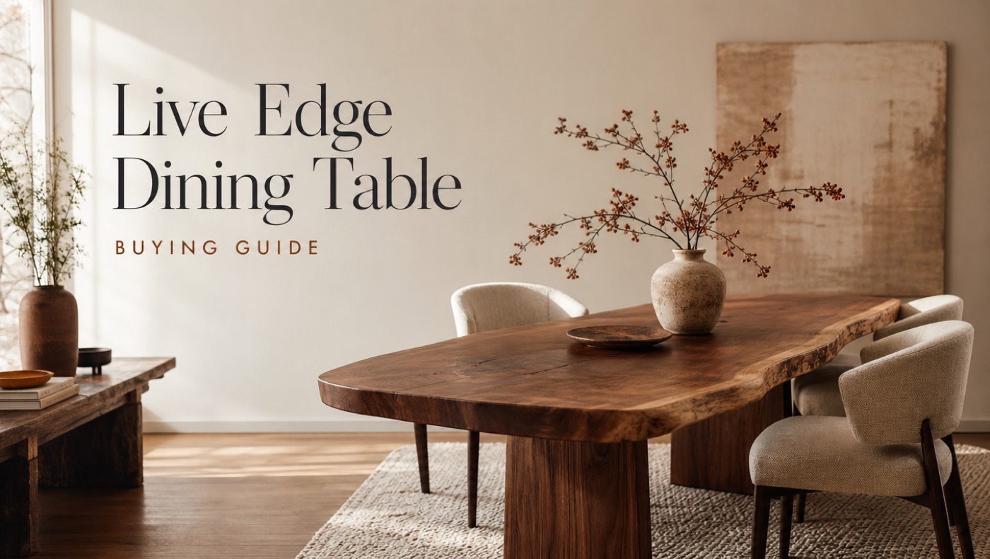 POVISON live edge wood dining table with natural grain and organic tabletop edge
