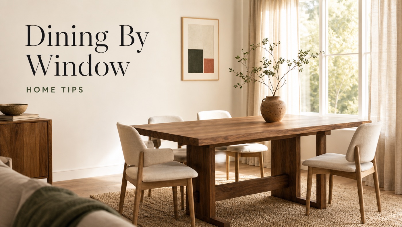 POVISON dining table placed near a bright window with enough room for chairs