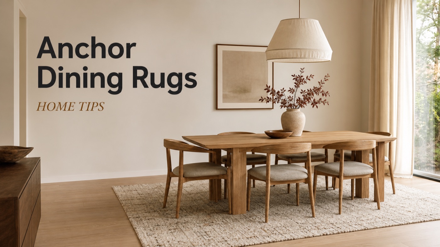 POVISON dining table anchored on a correctly sized dining room rug