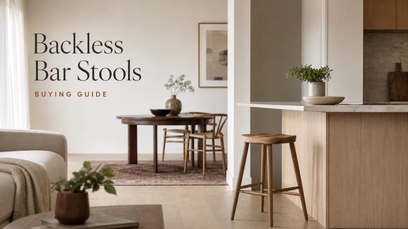 POVISON backless bar stools tucked under a kitchen island