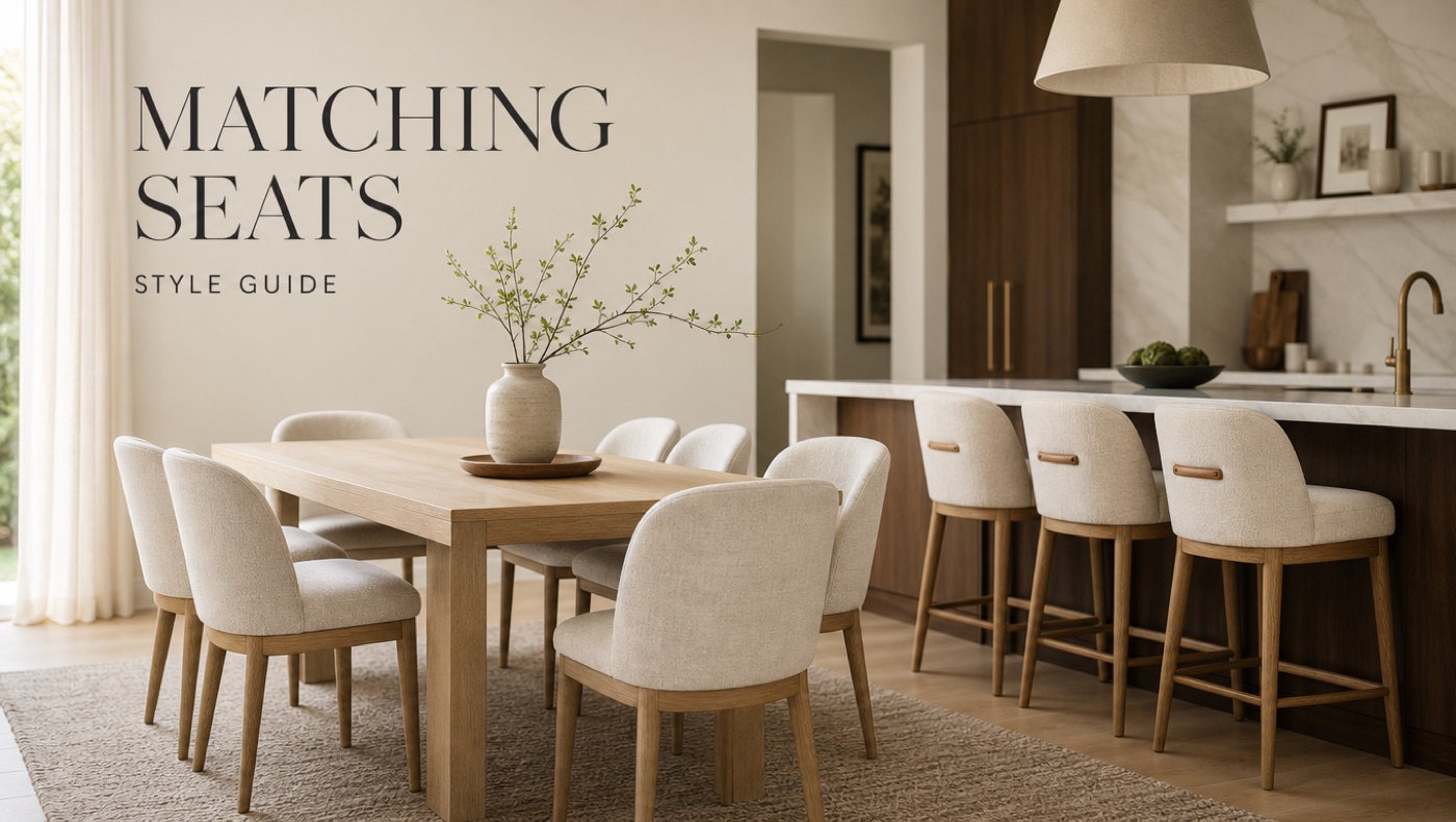 POVISON bar stools coordinated with matching dining chairs in an open kitchen