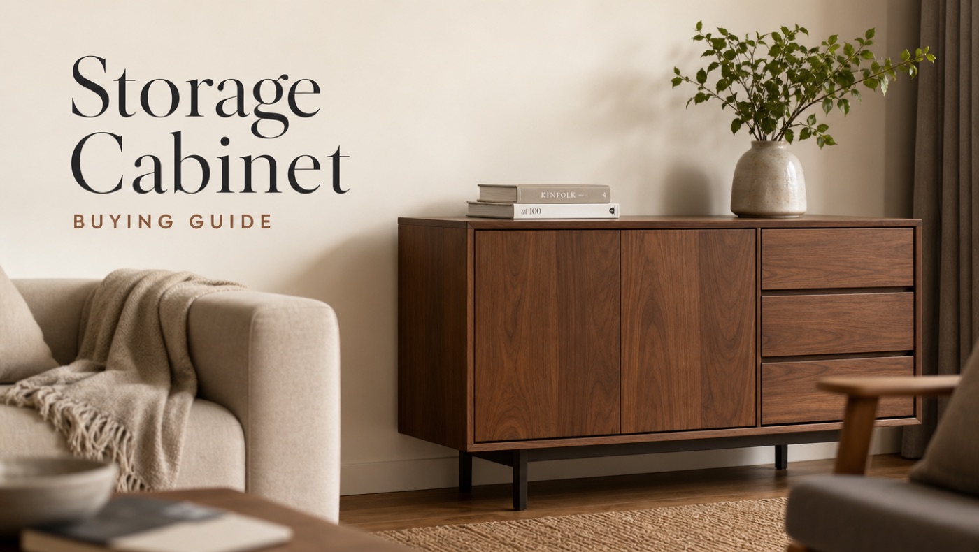 POVISON living room storage cabinet with closed doors and organized shelves