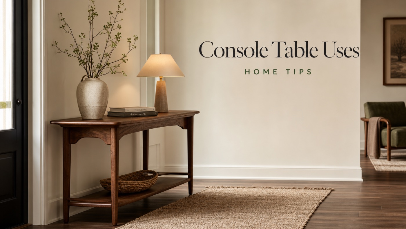 POVISON console table styled in an entryway with storage and decor