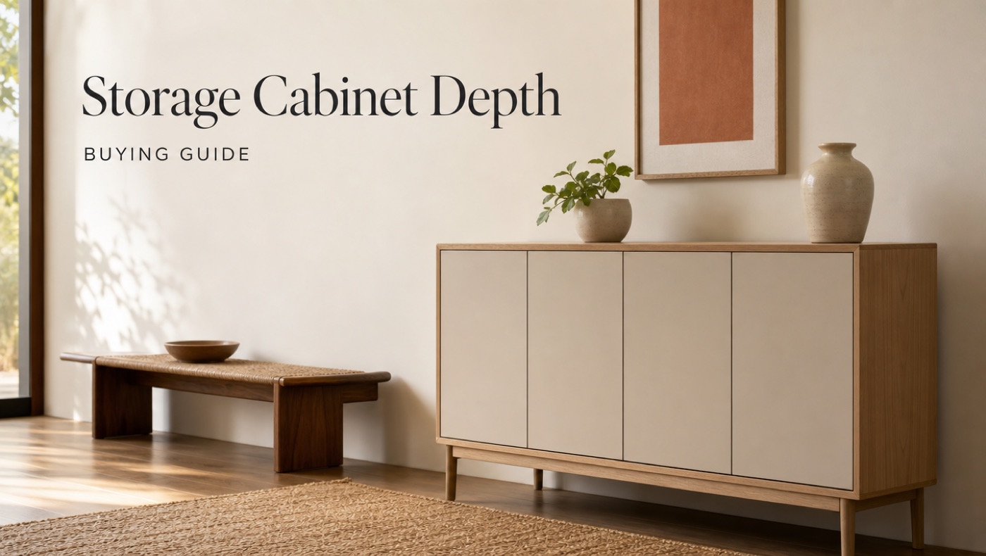 POVISON storage cabinet showing practical depth for living room organization