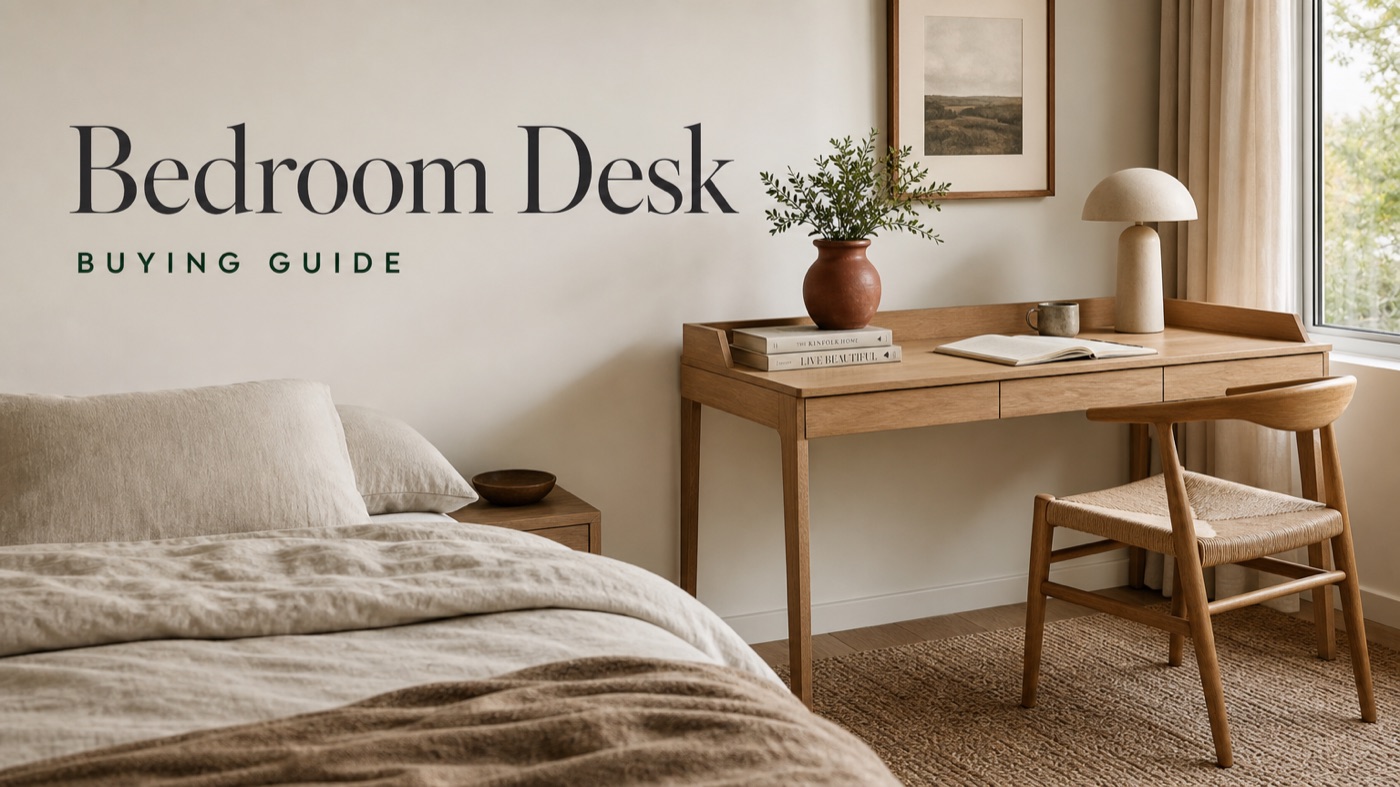 POVISON bedroom office setup with compact desk chair and coordinated bedroom furniture