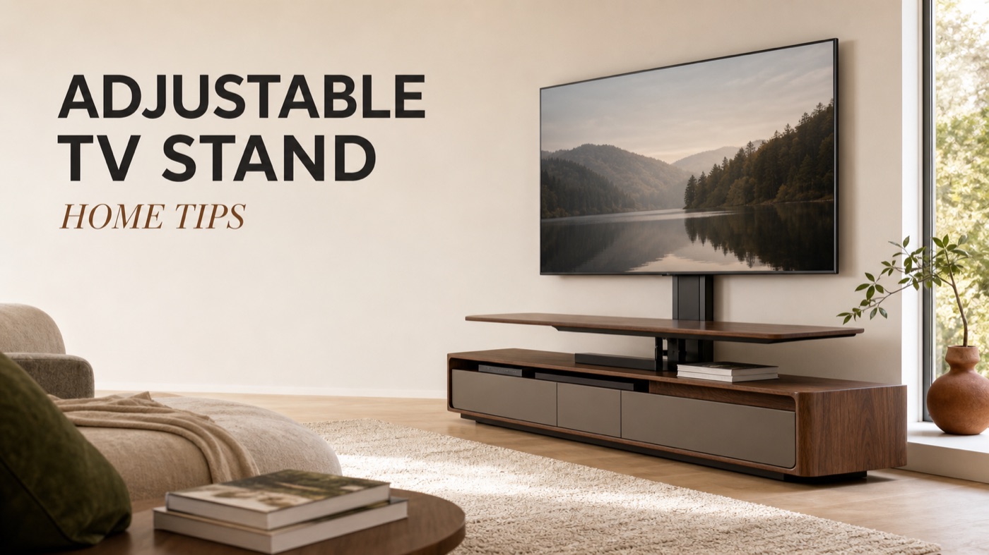 POVISON electric height-adjustable TV stand lifting a screen in a modern living room