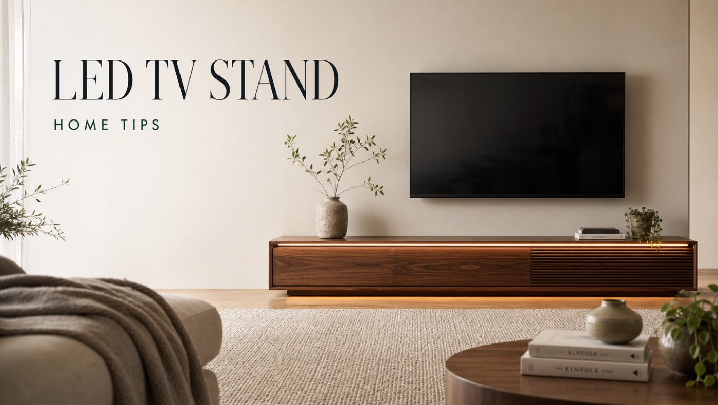 POVISON TV stand with built-in LED lighting in a modern media wall setup