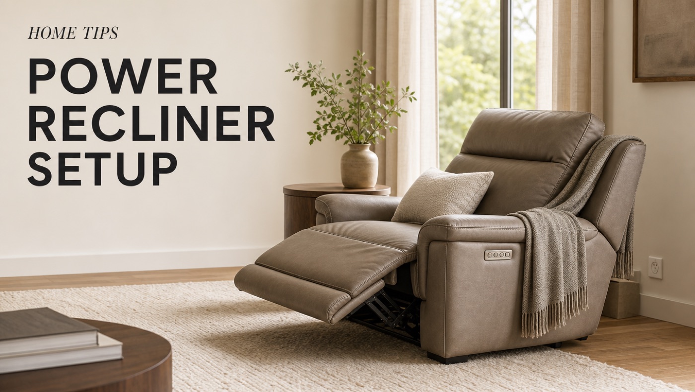 POVISON power recliner sofa set up with outlet access and safe reclining clearance