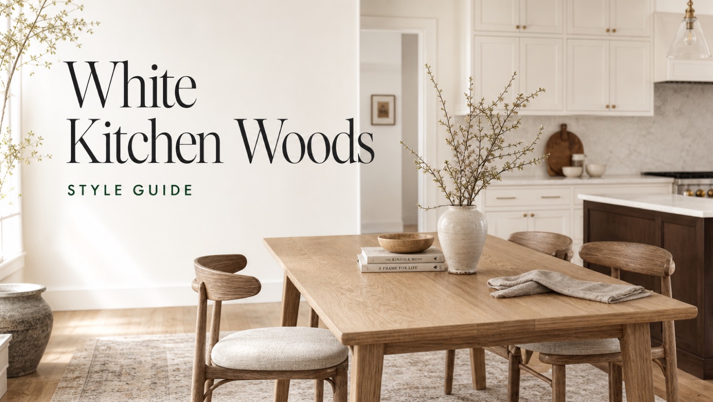 POVISON dining table and bar stools with warm wood tones in a white kitchen