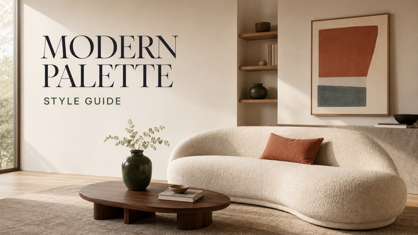 POVISON modern living room with neutral sofa warm coffee table and balanced color palette