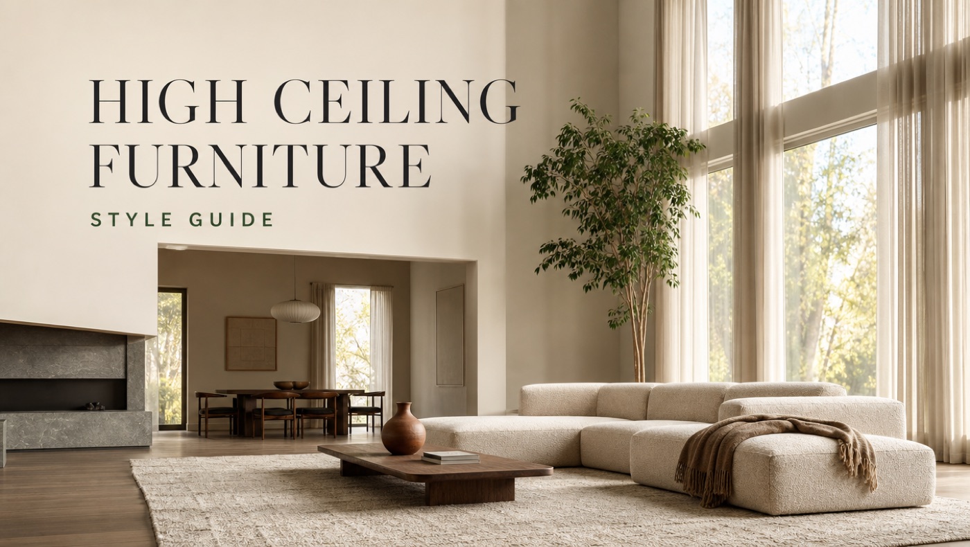 POVISON high-ceiling living room with large sofa tall storage and balanced vertical scale